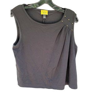 St. John Spa Caviar (Black) Gold Stud Embellished Sleeveless Cotton Top, Size S